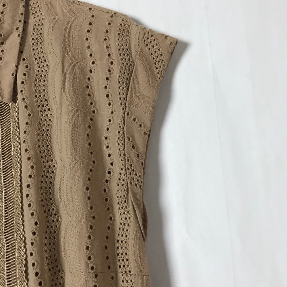 Embroidered Eyelet Front Button Mini Dress in Khaki - Picture 7 of 9